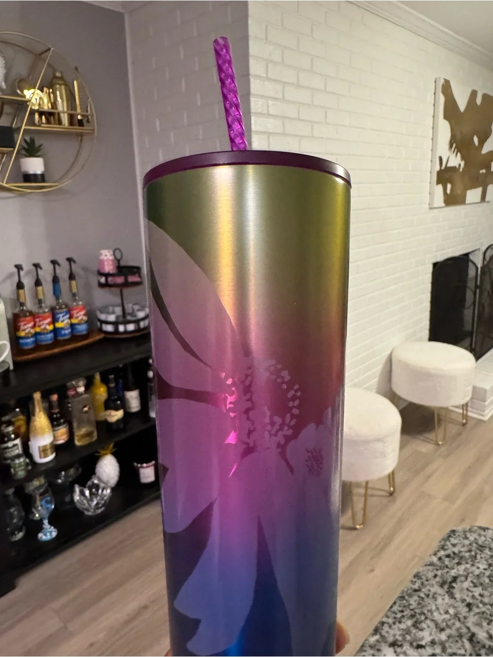 Starbucks Multicolor Iridescent Tumbler with Purple Lid and Straw